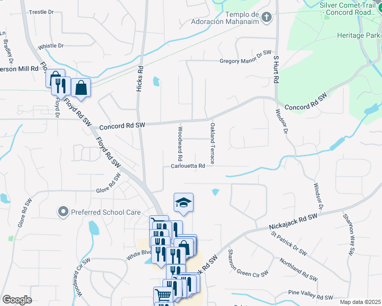 map of restaurants, bars, coffee shops, grocery stores, and more near 4590 Shamrock Place Southeast in Mableton