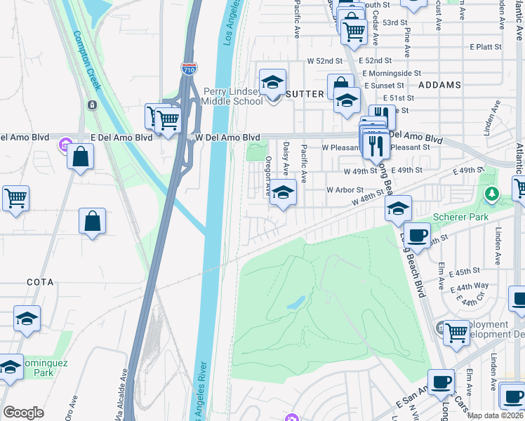 map of restaurants, bars, coffee shops, grocery stores, and more near 205 West 47th Street in Long Beach