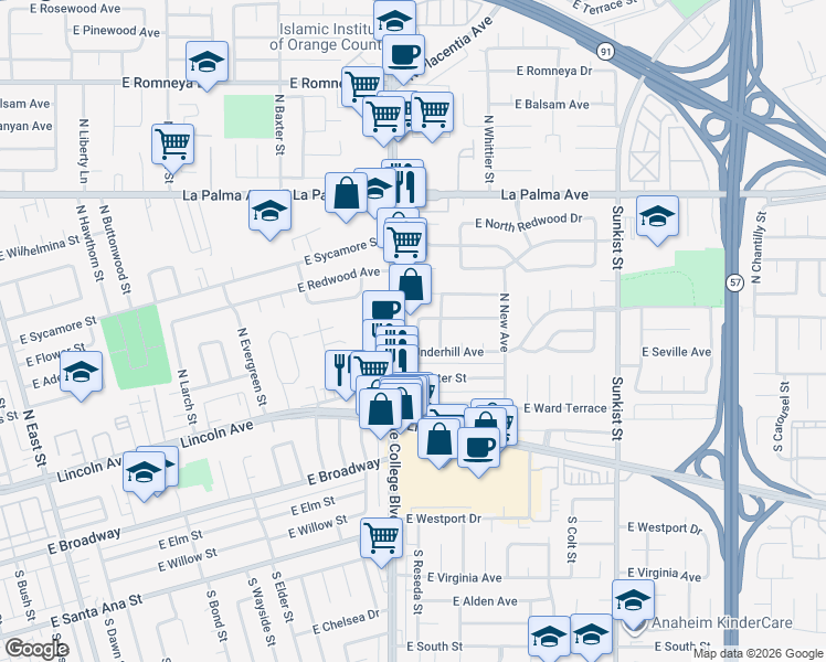 map of restaurants, bars, coffee shops, grocery stores, and more near 217 North Curtis Way in Anaheim