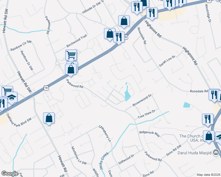 map of restaurants, bars, coffee shops, grocery stores, and more near 2256 Park Manor Lane in Snellville