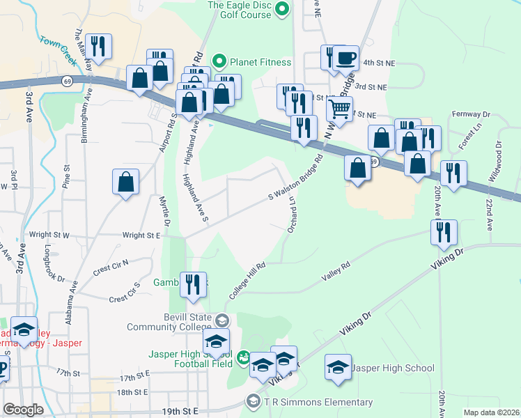 map of restaurants, bars, coffee shops, grocery stores, and more near 1101 South Walston Bridge Road in Jasper