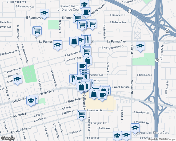 map of restaurants, bars, coffee shops, grocery stores, and more near 217 North Curtis Way in Anaheim