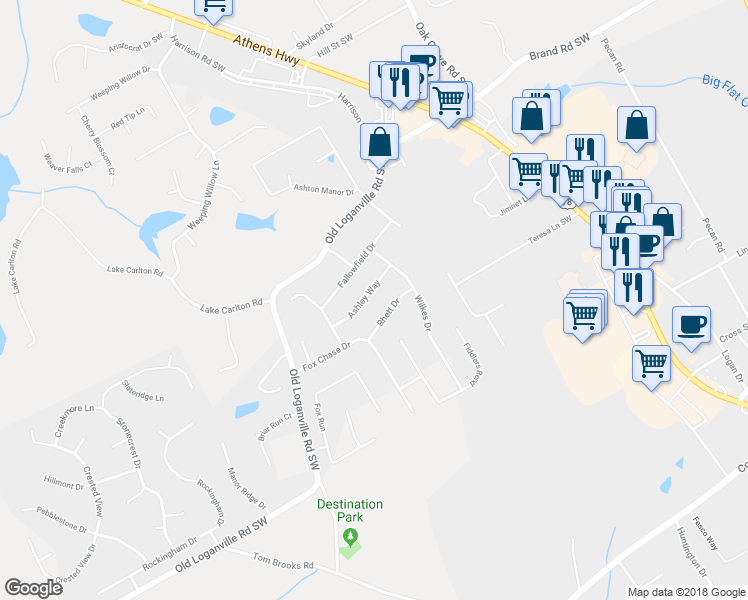 map of restaurants, bars, coffee shops, grocery stores, and more near 450 Ashley Way in Loganville