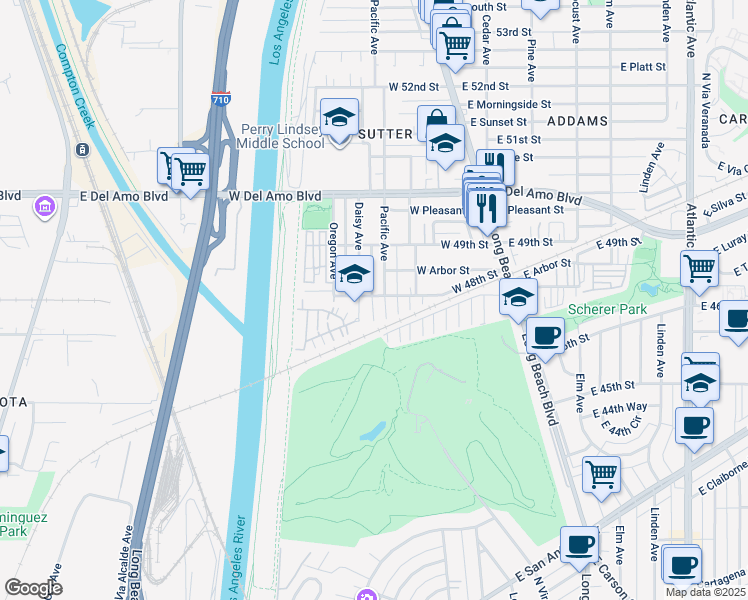 map of restaurants, bars, coffee shops, grocery stores, and more near 4795 Pacific Avenue in Long Beach