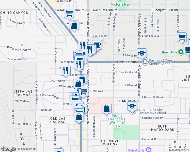 map of restaurants, bars, coffee shops, grocery stores, and more near 354 East Stevens Road in Palm Springs