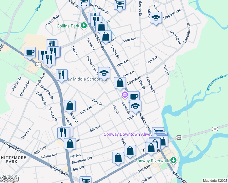 map of restaurants, bars, coffee shops, grocery stores, and more near 1107 10th Avenue in Conway