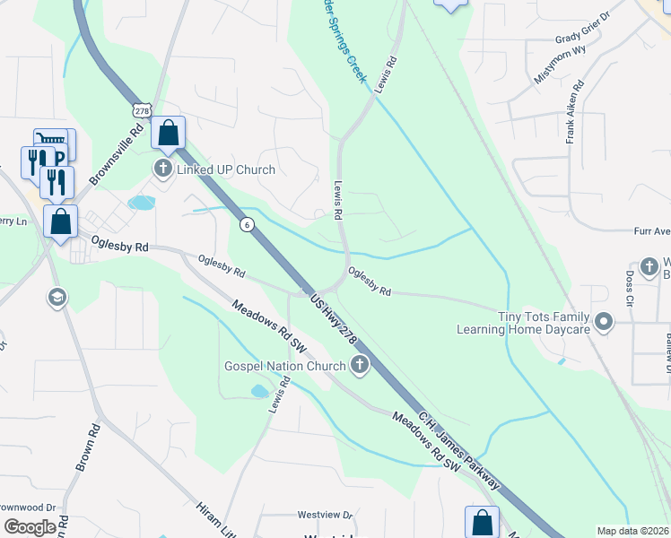 map of restaurants, bars, coffee shops, grocery stores, and more near Lewis Road Trail in Powder Springs