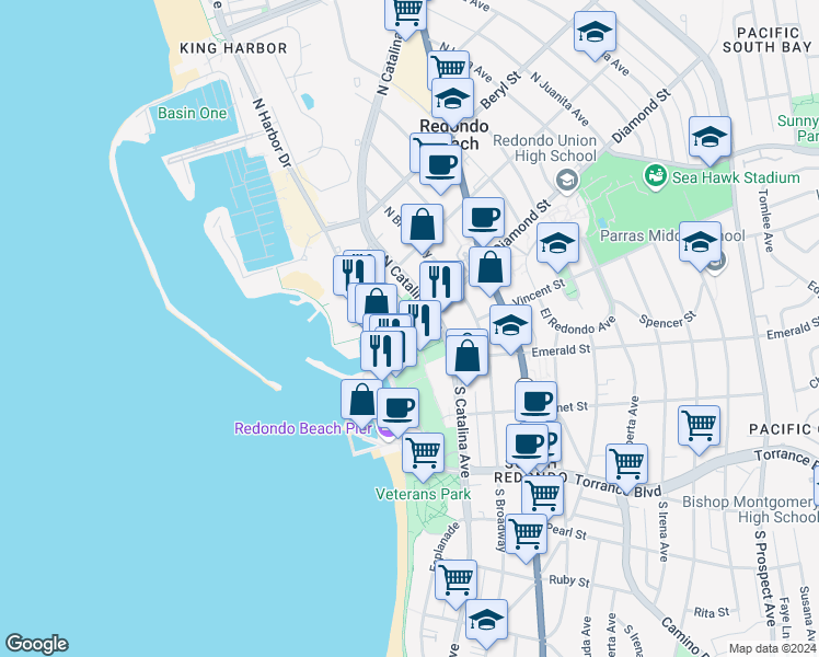 map of restaurants, bars, coffee shops, grocery stores, and more near in Redondo Beach