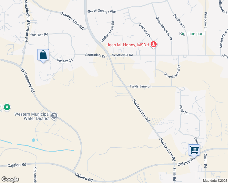 map of restaurants, bars, coffee shops, grocery stores, and more near 19025 Harley John Road in Riverside