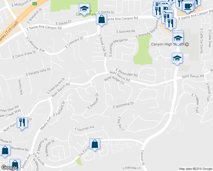 map of restaurants, bars, coffee shops, grocery stores, and more near 5294 Rural Ridge Circle in Anaheim