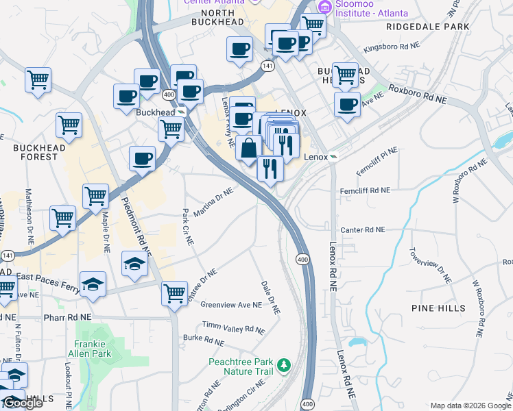 map of restaurants, bars, coffee shops, grocery stores, and more near 3399 Peachtree Drive Northeast in Atlanta