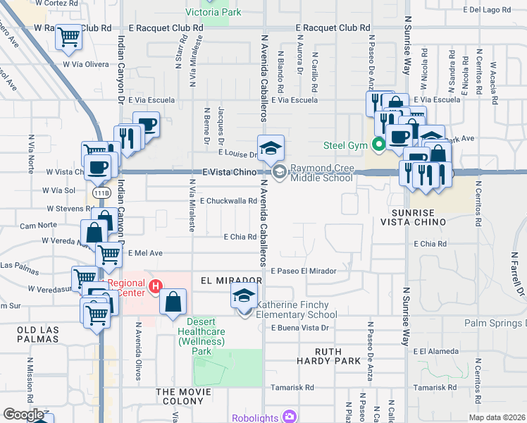map of restaurants, bars, coffee shops, grocery stores, and more near North Avenida Caballeros in Palm Springs