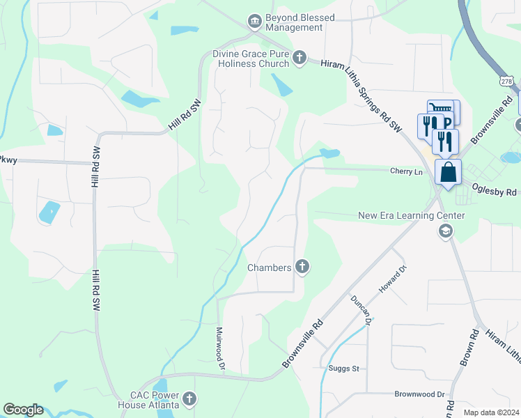 map of restaurants, bars, coffee shops, grocery stores, and more near 4896 Muirwood Drive in Powder Springs