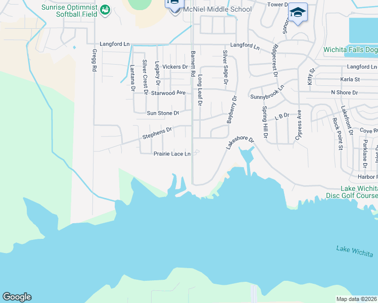 map of restaurants, bars, coffee shops, grocery stores, and more near 1 Blue Star Court in Wichita Falls