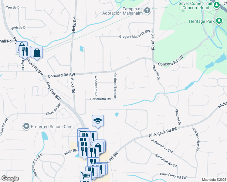 map of restaurants, bars, coffee shops, grocery stores, and more near 4590 Oakland Terrace in Mableton