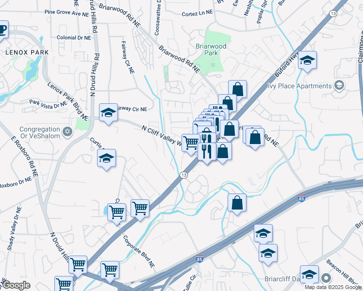 map of restaurants, bars, coffee shops, grocery stores, and more near 1403 North Cliff Valley Way Northeast in Atlanta