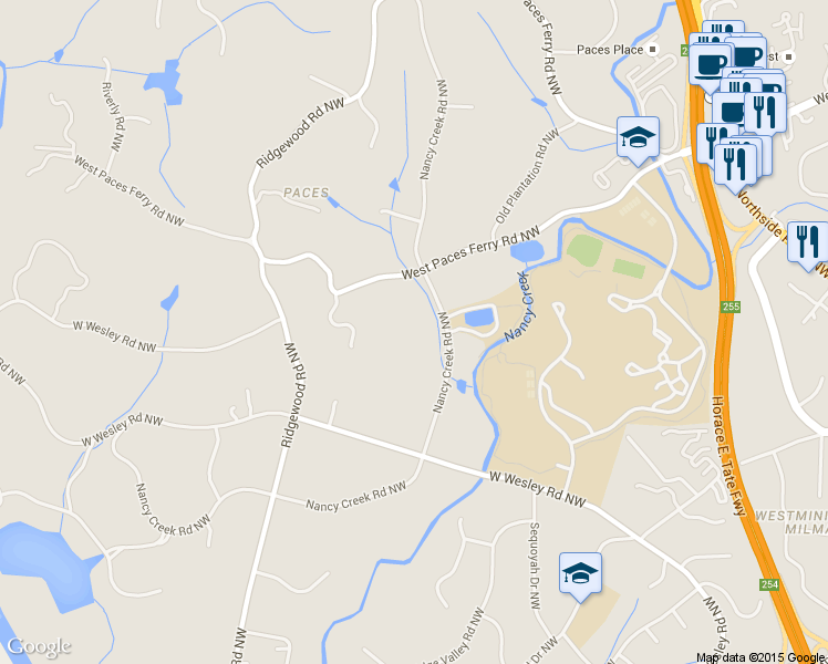 map of restaurants, bars, coffee shops, grocery stores, and more near 3218 Nancy Creek Rd NW in Atlanta