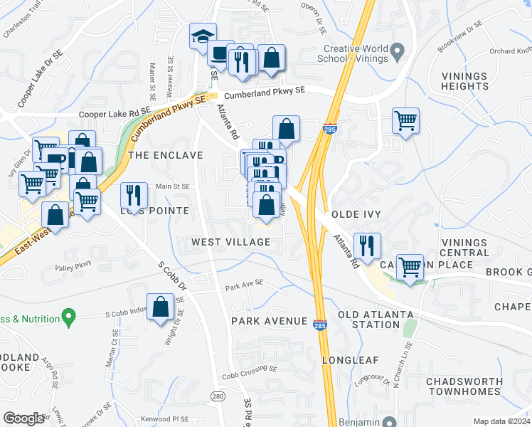 map of restaurants, bars, coffee shops, grocery stores, and more near 4500 West Village Place in Smyrna