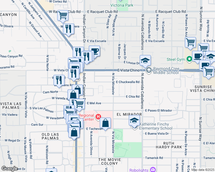 map of restaurants, bars, coffee shops, grocery stores, and more near 463 East Chuckwalla Road in Palm Springs