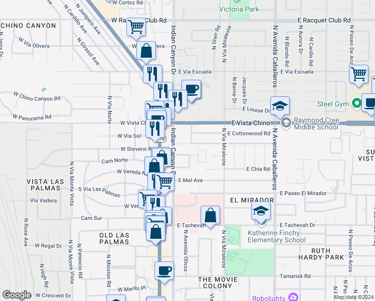 map of restaurants, bars, coffee shops, grocery stores, and more near 354 East Stevens Road in Palm Springs