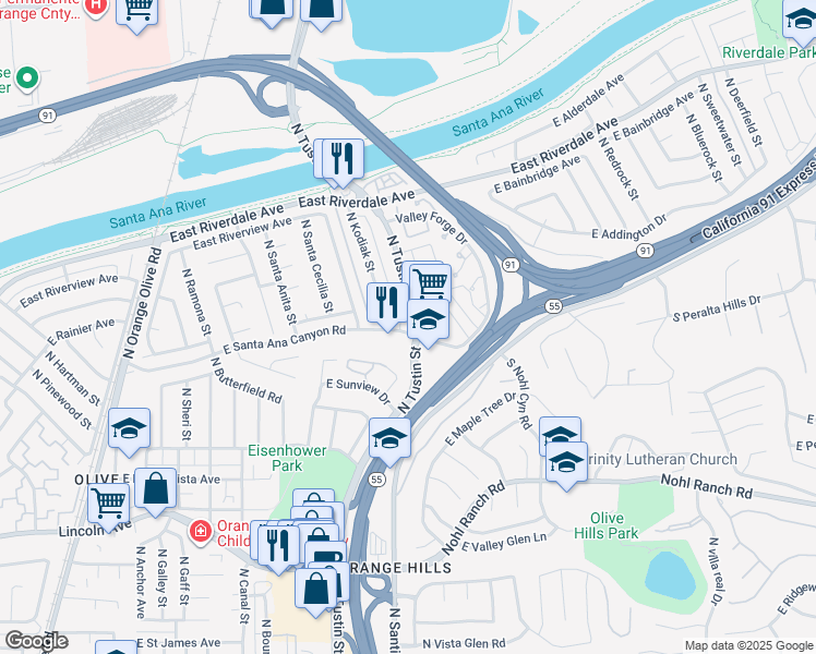 map of restaurants, bars, coffee shops, grocery stores, and more near 1836 East Santa Ana Canyon Road in Orange
