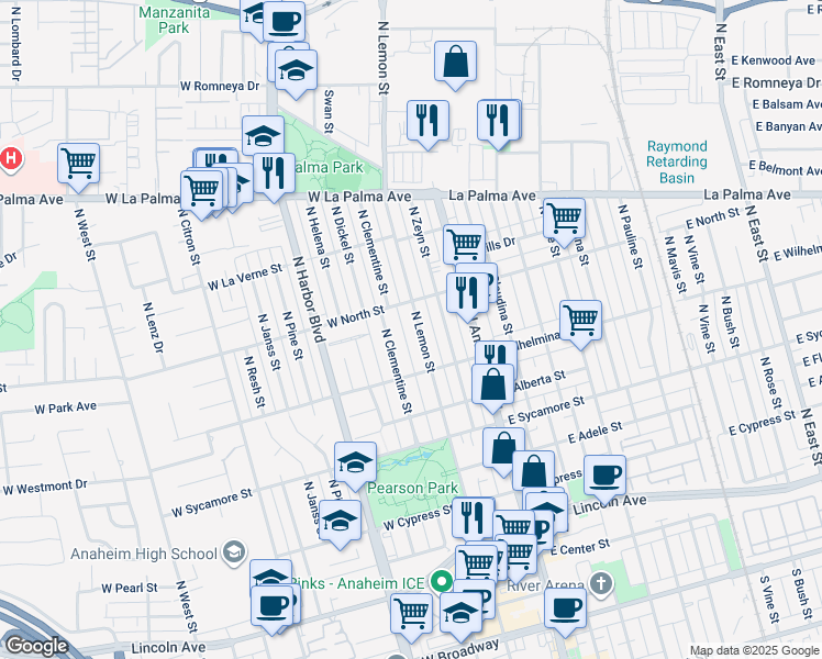 map of restaurants, bars, coffee shops, grocery stores, and more near 746 North Clementine Street in Anaheim