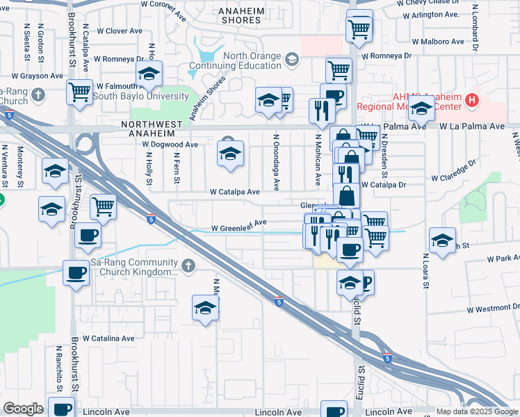 map of restaurants, bars, coffee shops, grocery stores, and more near 1860 Glenoaks Avenue in Anaheim