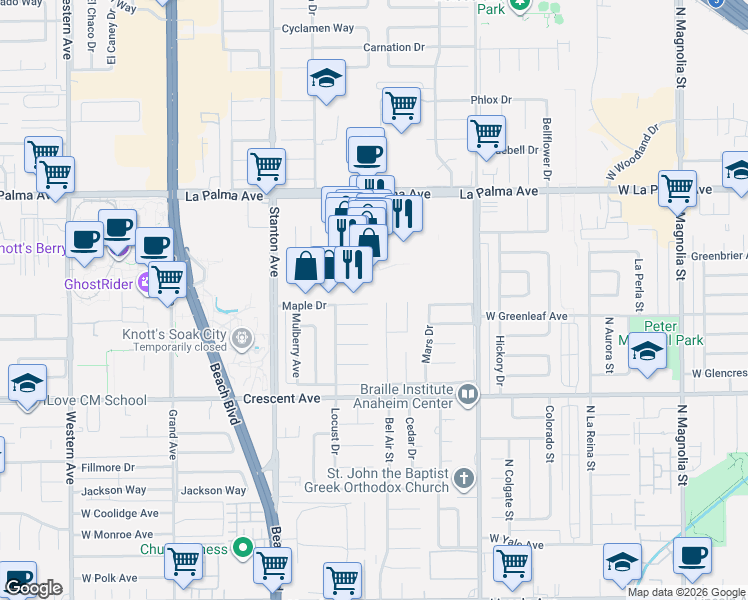 map of restaurants, bars, coffee shops, grocery stores, and more near 8221 Maple Drive in Buena Park