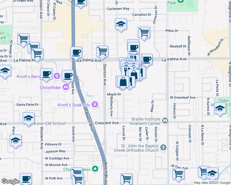 map of restaurants, bars, coffee shops, grocery stores, and more near 8123 Maple Drive in Buena Park