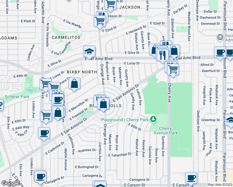map of restaurants, bars, coffee shops, grocery stores, and more near 4661 East Goldfield Avenue in Long Beach