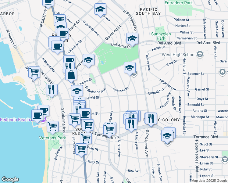 map of restaurants, bars, coffee shops, grocery stores, and more near 108 North Helberta Avenue in Redondo Beach