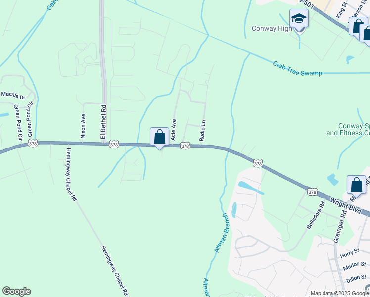 map of restaurants, bars, coffee shops, grocery stores, and more near 2208 U.S. 378 in Conway