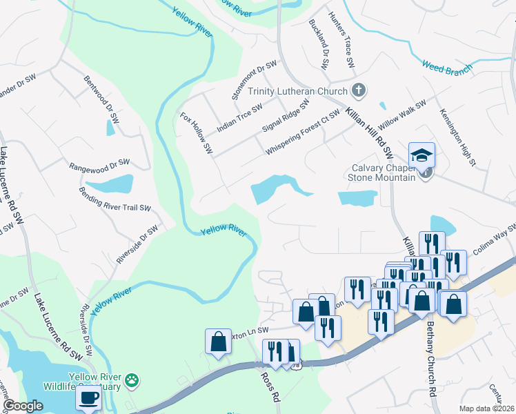 map of restaurants, bars, coffee shops, grocery stores, and more near 4218 Rocky Ledge Way in Snellville