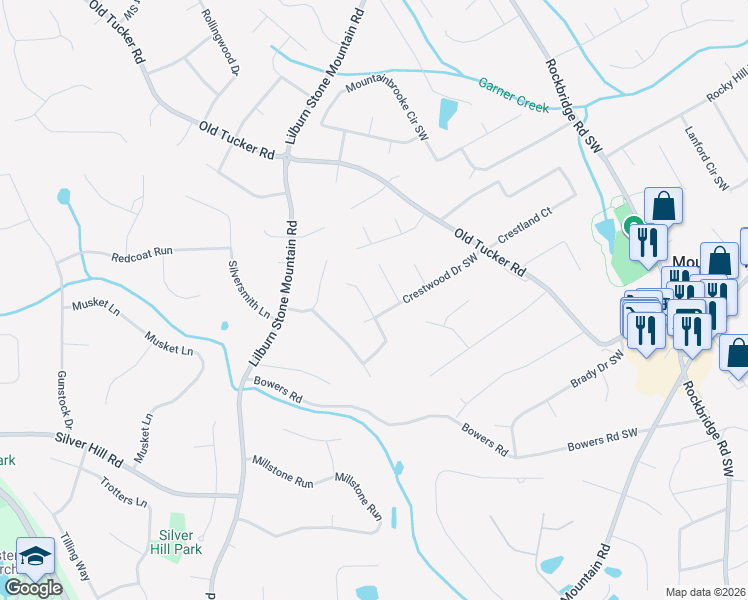 map of restaurants, bars, coffee shops, grocery stores, and more near 1019 Crestwood Lane in Stone Mountain