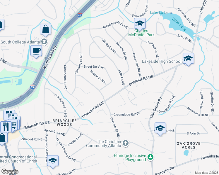 map of restaurants, bars, coffee shops, grocery stores, and more near 2322 Street De Ville in Atlanta