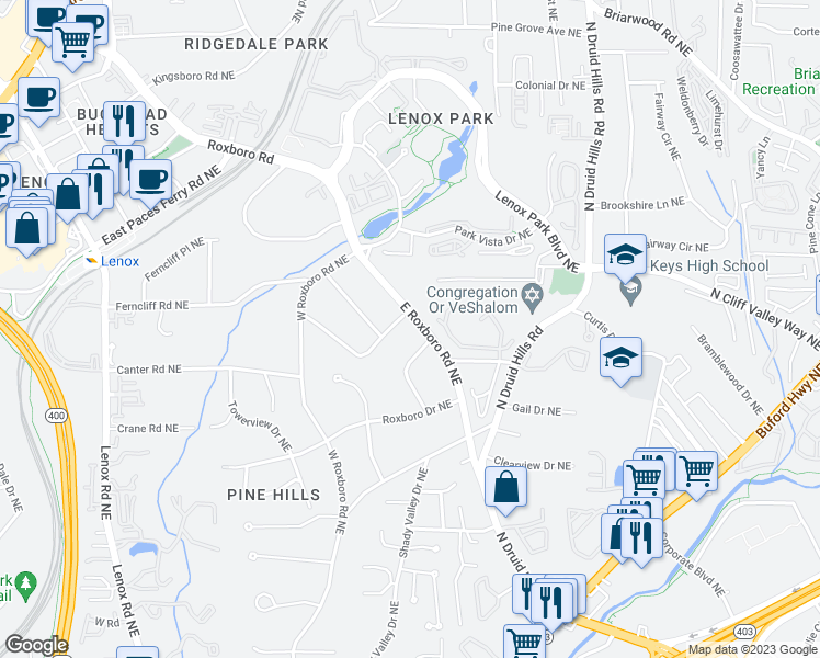 map of restaurants, bars, coffee shops, grocery stores, and more near 1265 Woods Circle Northeast in Atlanta