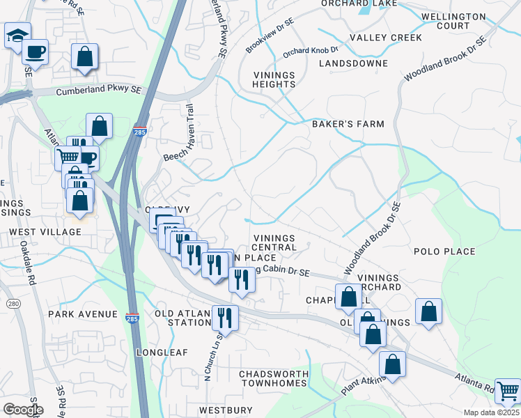 map of restaurants, bars, coffee shops, grocery stores, and more near 147 Paradise Shoals Road in Smyrna