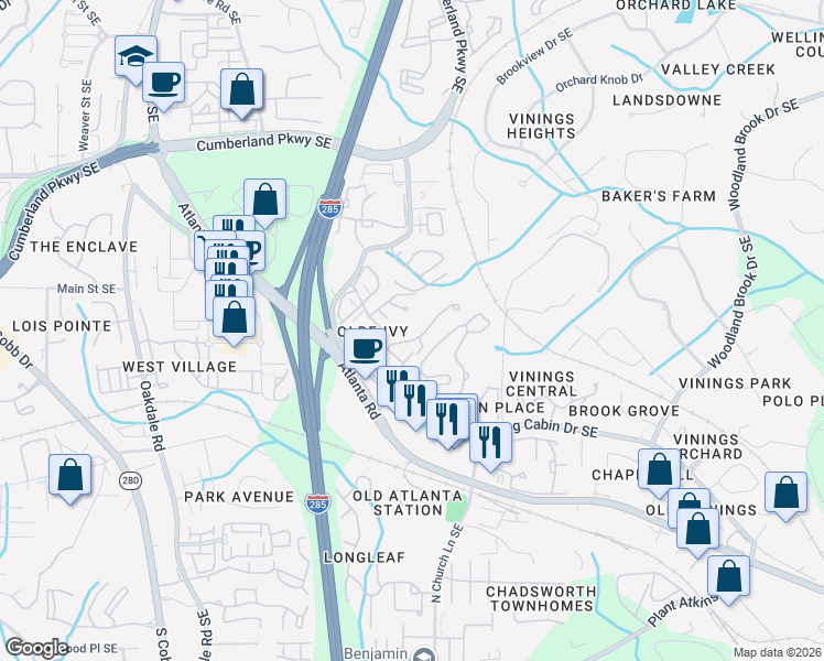 map of restaurants, bars, coffee shops, grocery stores, and more near 4784 Ivy Ridge Drive Southeast in Atlanta