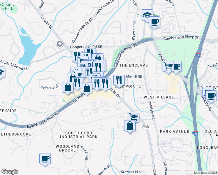 map of restaurants, bars, coffee shops, grocery stores, and more near 4581 South Cobb Drive Southeast in Smyrna