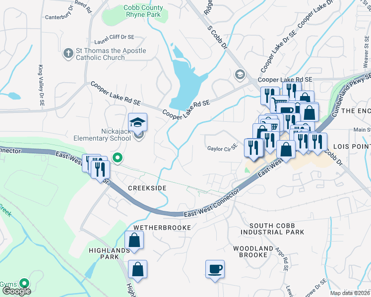 map of restaurants, bars, coffee shops, grocery stores, and more near 5174 Laurel Bridge Court Southeast in Smyrna
