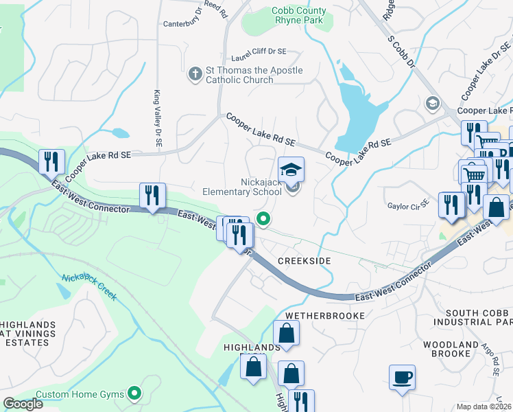 map of restaurants, bars, coffee shops, grocery stores, and more near 2107 Berryhill Circle Southeast in Smyrna