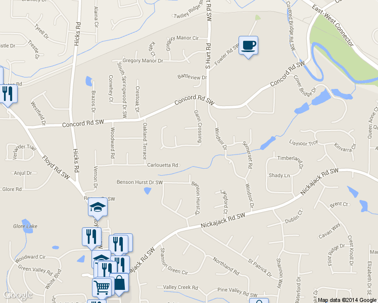 map of restaurants, bars, coffee shops, grocery stores, and more near 4591 Gann Crossing Southwest in Smyrna