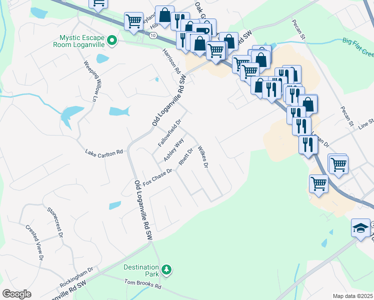 map of restaurants, bars, coffee shops, grocery stores, and more near 433 Rhett Drive in Loganville