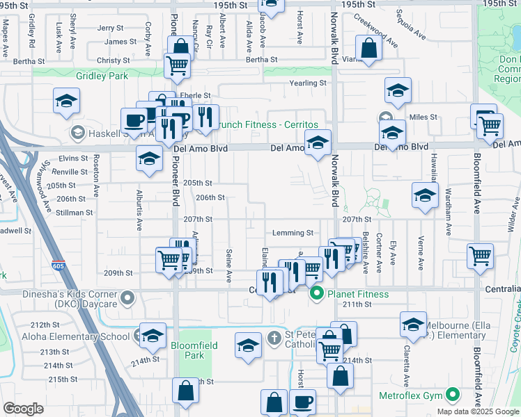 map of restaurants, bars, coffee shops, grocery stores, and more near 11944 206th Street in Lakewood