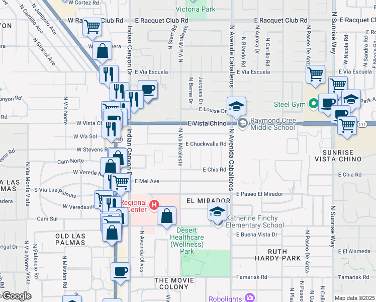 map of restaurants, bars, coffee shops, grocery stores, and more near 1481 North Fiesta Road in Palm Springs