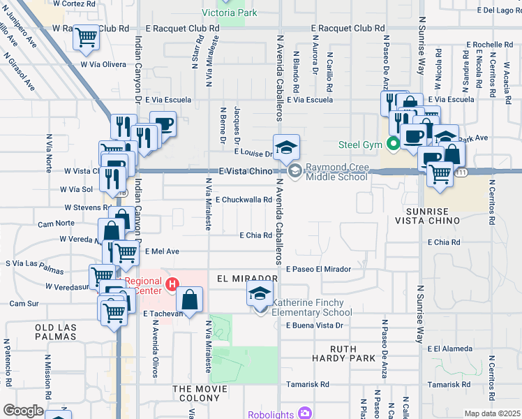 map of restaurants, bars, coffee shops, grocery stores, and more near 1481 North Opuntia Road in Palm Springs