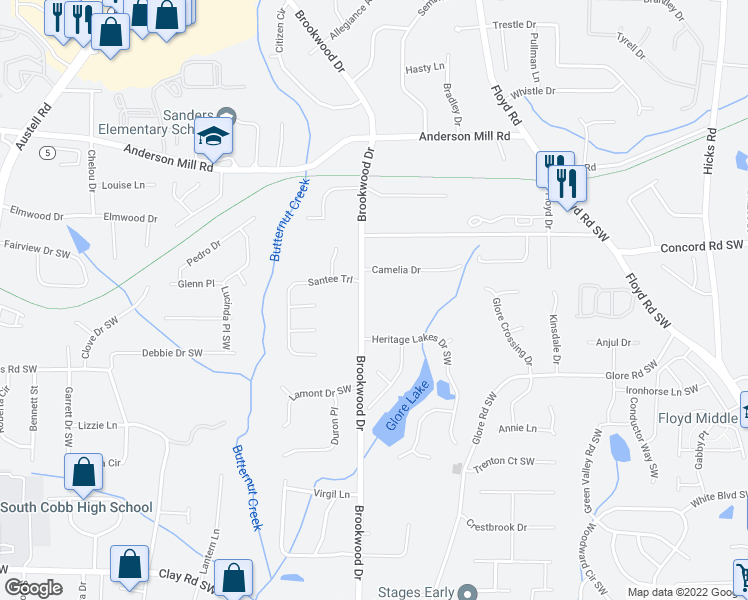 map of restaurants, bars, coffee shops, grocery stores, and more near 4515 Brookwood Drive in Mableton