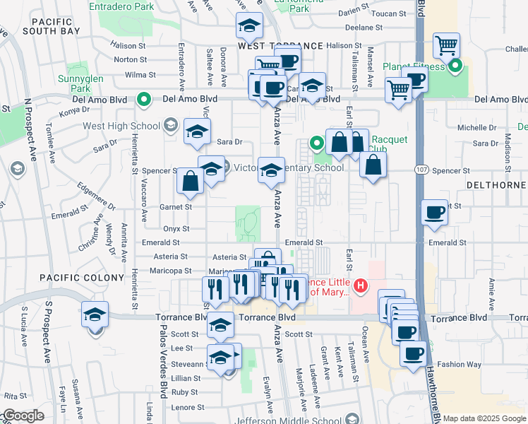 map of restaurants, bars, coffee shops, grocery stores, and more near 4683 Garnet Street in Torrance