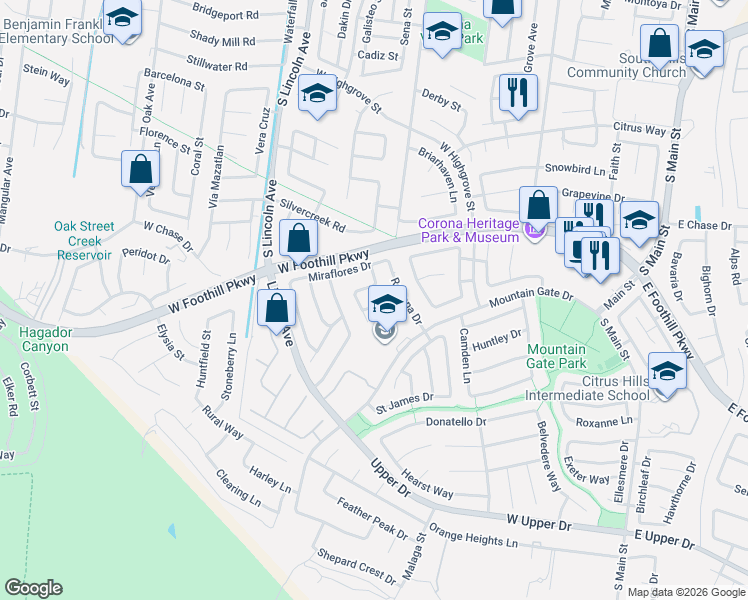 map of restaurants, bars, coffee shops, grocery stores, and more near 955 Naples Drive in Corona