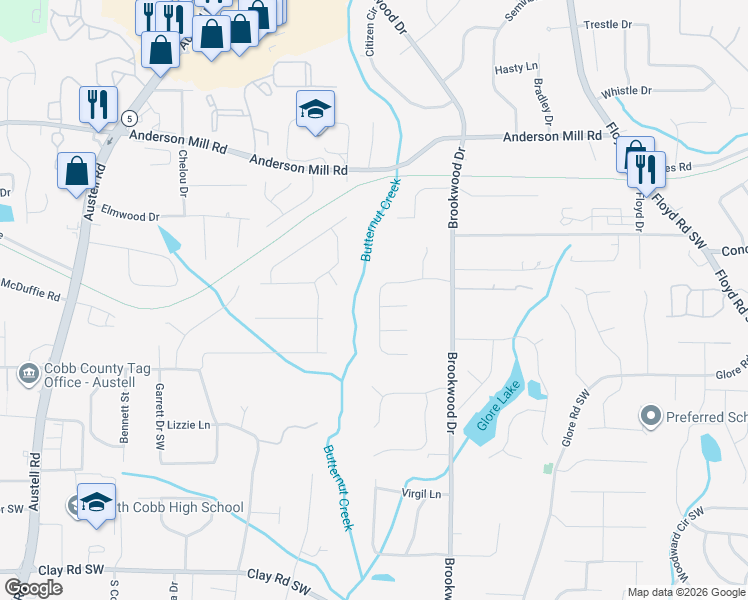 map of restaurants, bars, coffee shops, grocery stores, and more near 4550 Santee Trail in Mableton